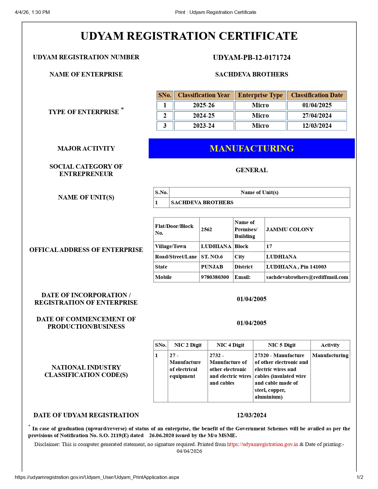 MSME Certificate